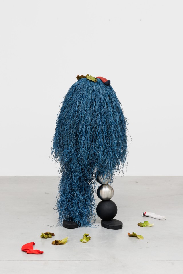 Meriem Bennani SALAD SHAKE Hairy (blue), 2026 Stainless steel, wenge wood, dyed raphia, motor, plastic, fabric, rubber and urethan coating 130 x 50 x 50 cm. 51 1/8 x 19 3/4 x 19 3/4 in.