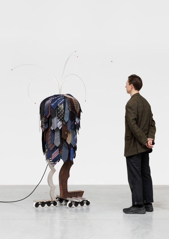 Meriem Bennani CRAVATE SHAKE 2, 2026 Ties, motor, stainless steel, aluminum, wenge wood, rollers 220 x 50 x 74 cm. 86 5/8 x 19 3/4 x 29 1/8 in.