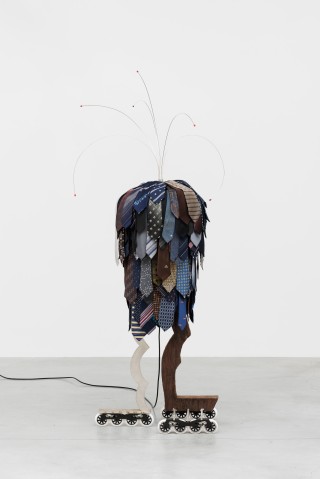 Meriem Bennani CRAVATE SHAKE 2, 2026 Ties, motor, stainless steel, aluminum, wenge wood, rollers 220 x 50 x 74 cm. 86 5/8 x 19 3/4 x 29 1/8 in.