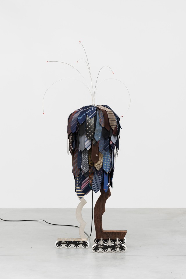 Meriem Bennani CRAVATE SHAKE 2, 2026 Ties, motor, stainless steel, aluminum, wenge wood, rollers 220 x 50 x 74 cm. 86 5/8 x 19 3/4 x 29 1/8 in.