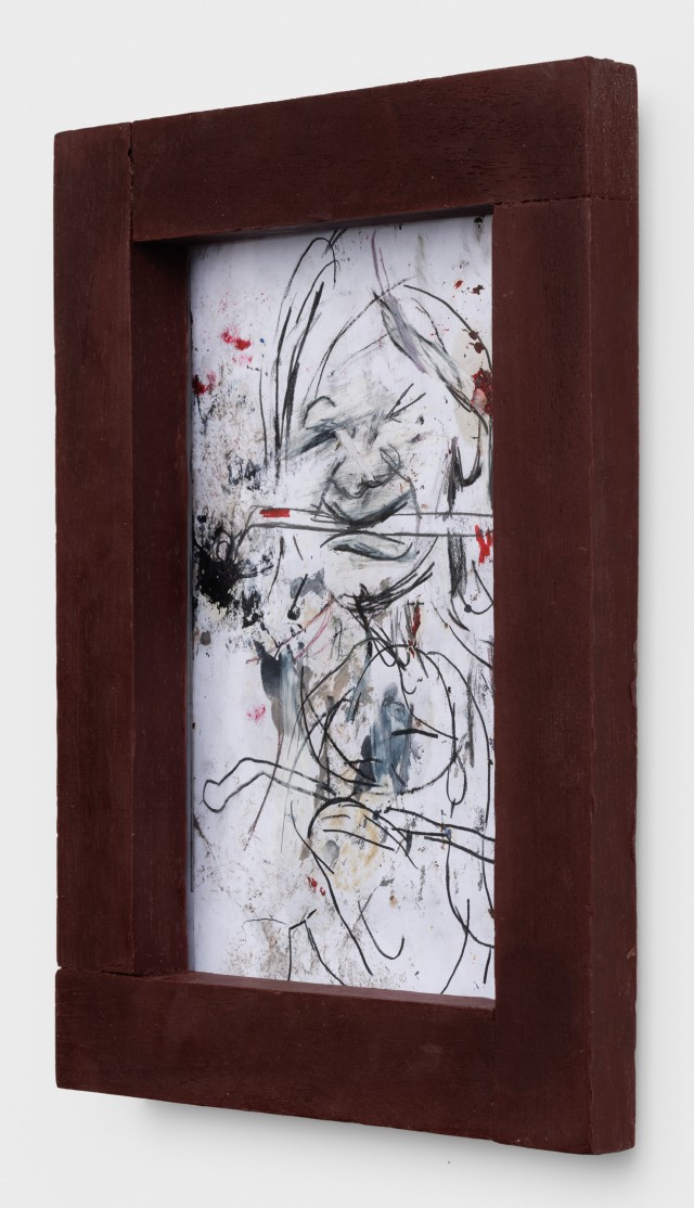 Emmanuel Beguinot Man biting metal tool, 2026 Graphite, chalk, oil on paper, artist frame 39 x 29 cm. 15 3/8 x 11 3/8 in.