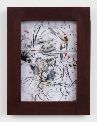 Emmanuel Beguinot Man biting metal tool, 2026 Graphite, chalk, oil on paper, artist frame 39 x 29 cm. 15 3/8 x 11 3/8 in.