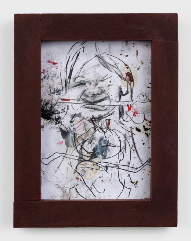 Emmanuel Beguinot Man biting metal tool, 2026 Graphite, chalk, oil on paper, artist frame 39 x 29 cm. 15 3/8 x 11 3/8 in.