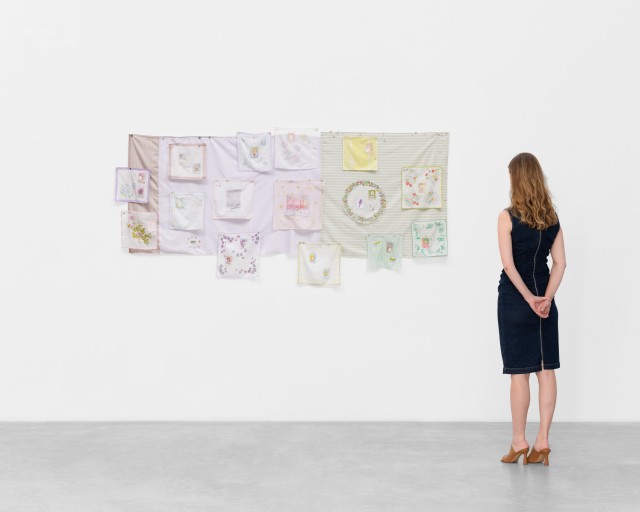 Leqi Shi Très belles heures du hérisson - ootd, 2026 Fabric, sewn buttons with magnets, watercolour, felt-tip pen, varnish, paper 115 x 242 cm. 45 1/4 x 95 1/4 in.